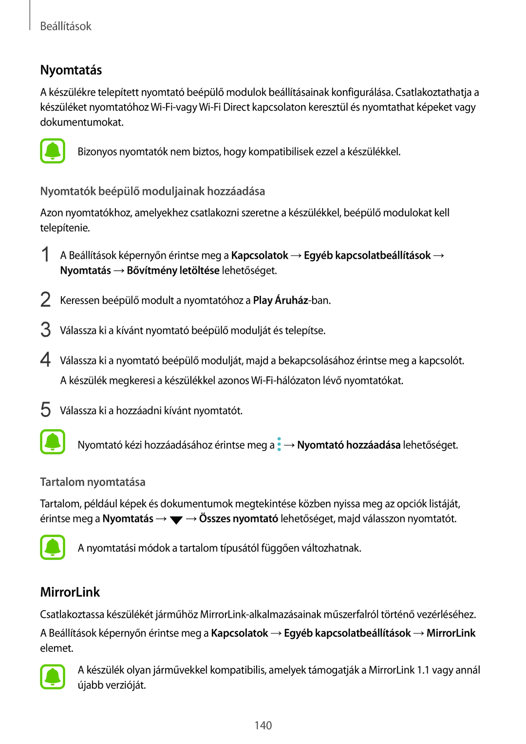 Samsung SM-G935FZDAXEH manual Nyomtatás, MirrorLink, Nyomtatók beépülő moduljainak hozzáadása, Tartalom nyomtatása 