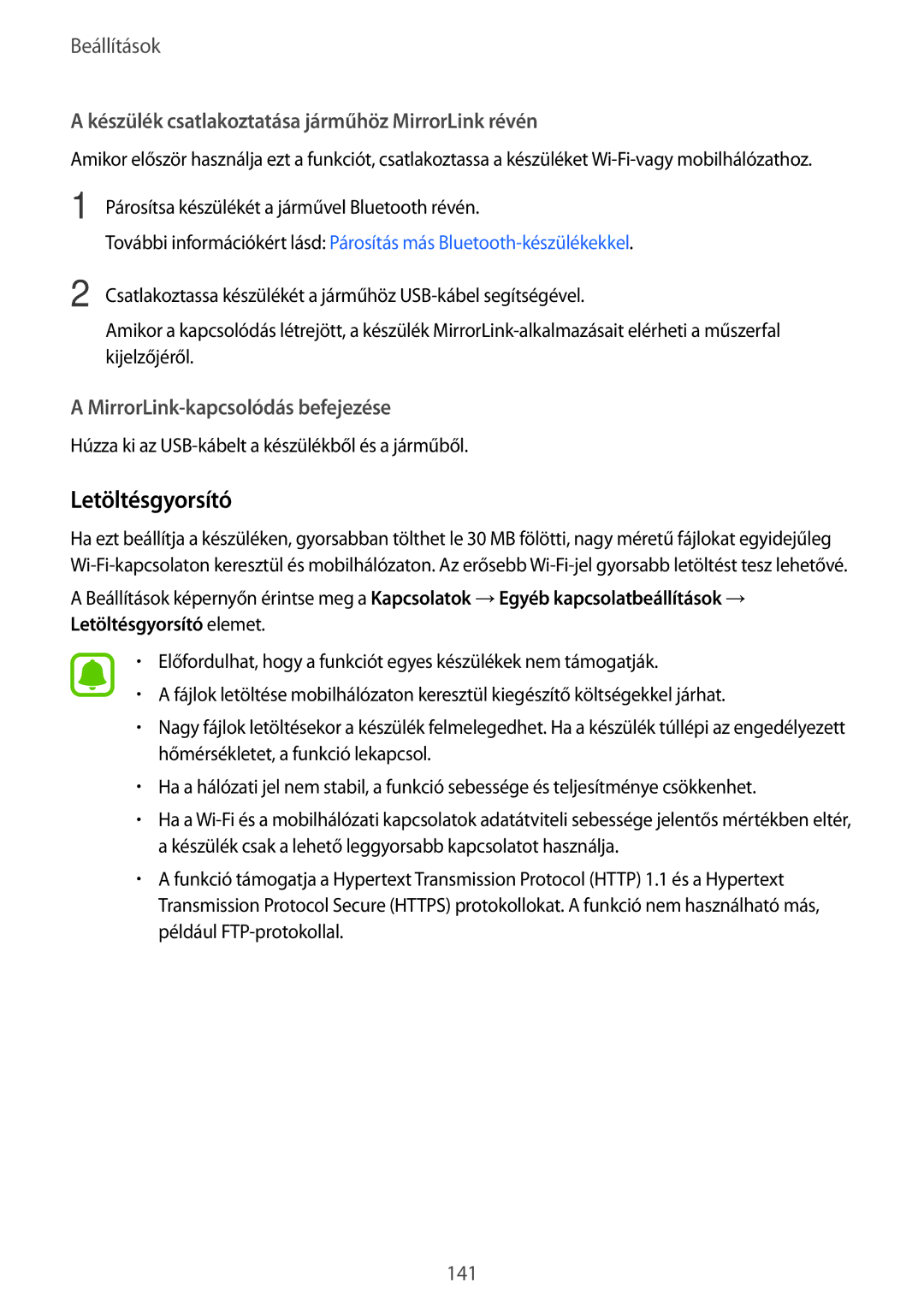 Samsung SM-G935FZDAXEH manual Letöltésgyorsító, Készülék csatlakoztatása járműhöz MirrorLink révén 