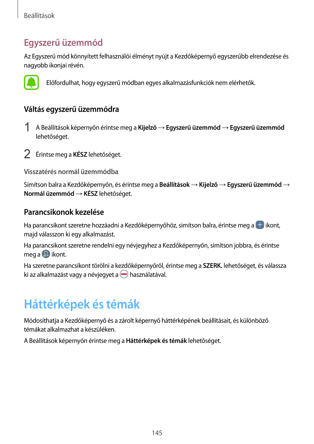 Samsung SM-G935FZDAXEH manual Háttérképek és témák, Egyszerű üzemmód, Váltás egyszerű üzemmódra, Parancsikonok kezelése 