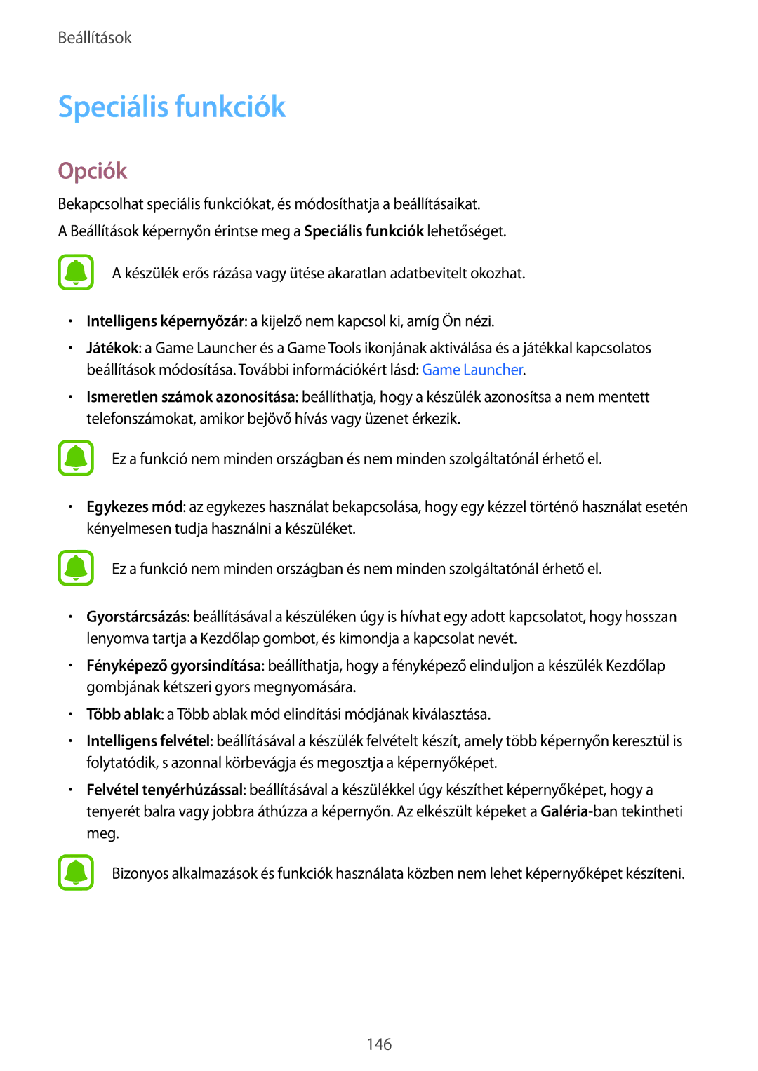 Samsung SM-G935FZDAXEH manual Speciális funkciók, Opciók 