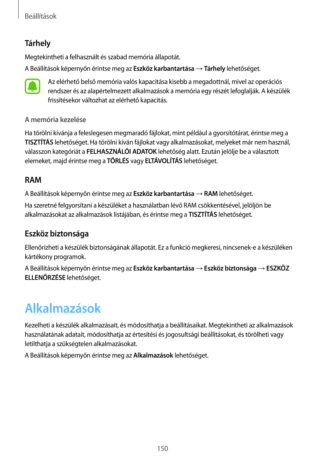 Samsung SM-G935FZDAXEH manual Alkalmazások, Tárhely, Eszköz biztonsága, Memória kezelése 