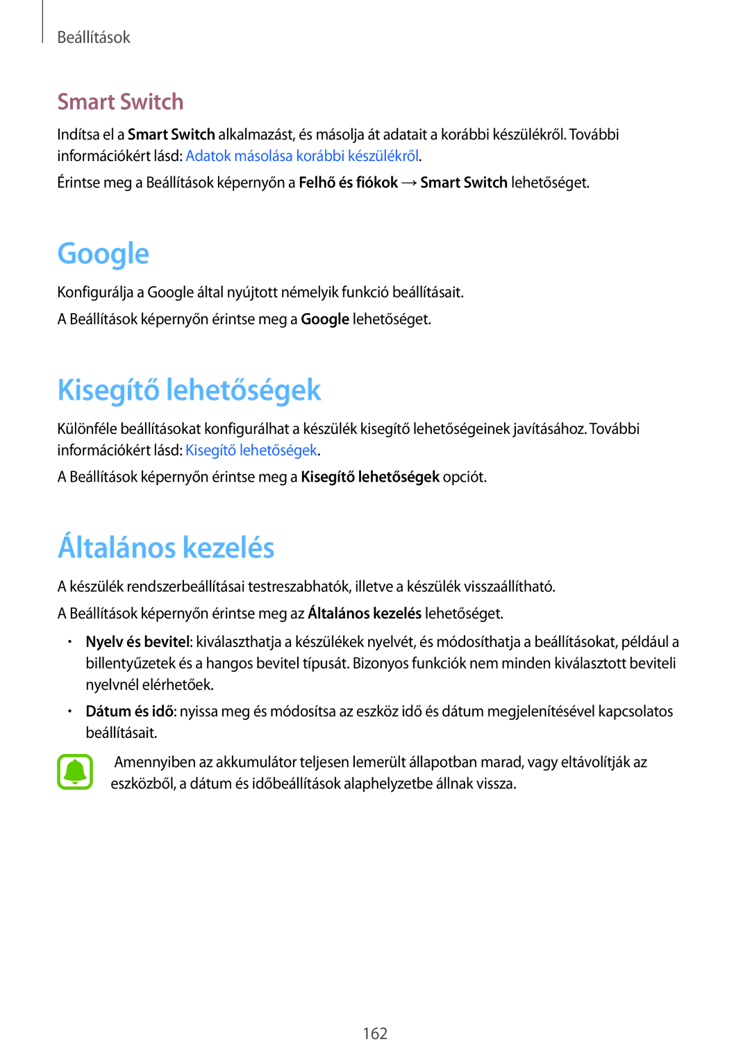 Samsung SM-G935FZDAXEH manual Google, Kisegítő lehetőségek, Általános kezelés, Smart Switch 