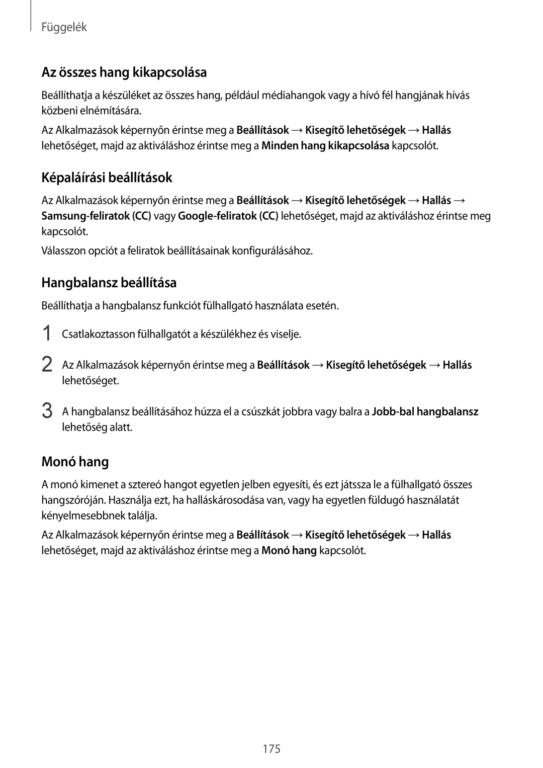 Samsung SM-G935FZDAXEH manual Az összes hang kikapcsolása, Képaláírási beállítások, Hangbalansz beállítása, Monó hang 