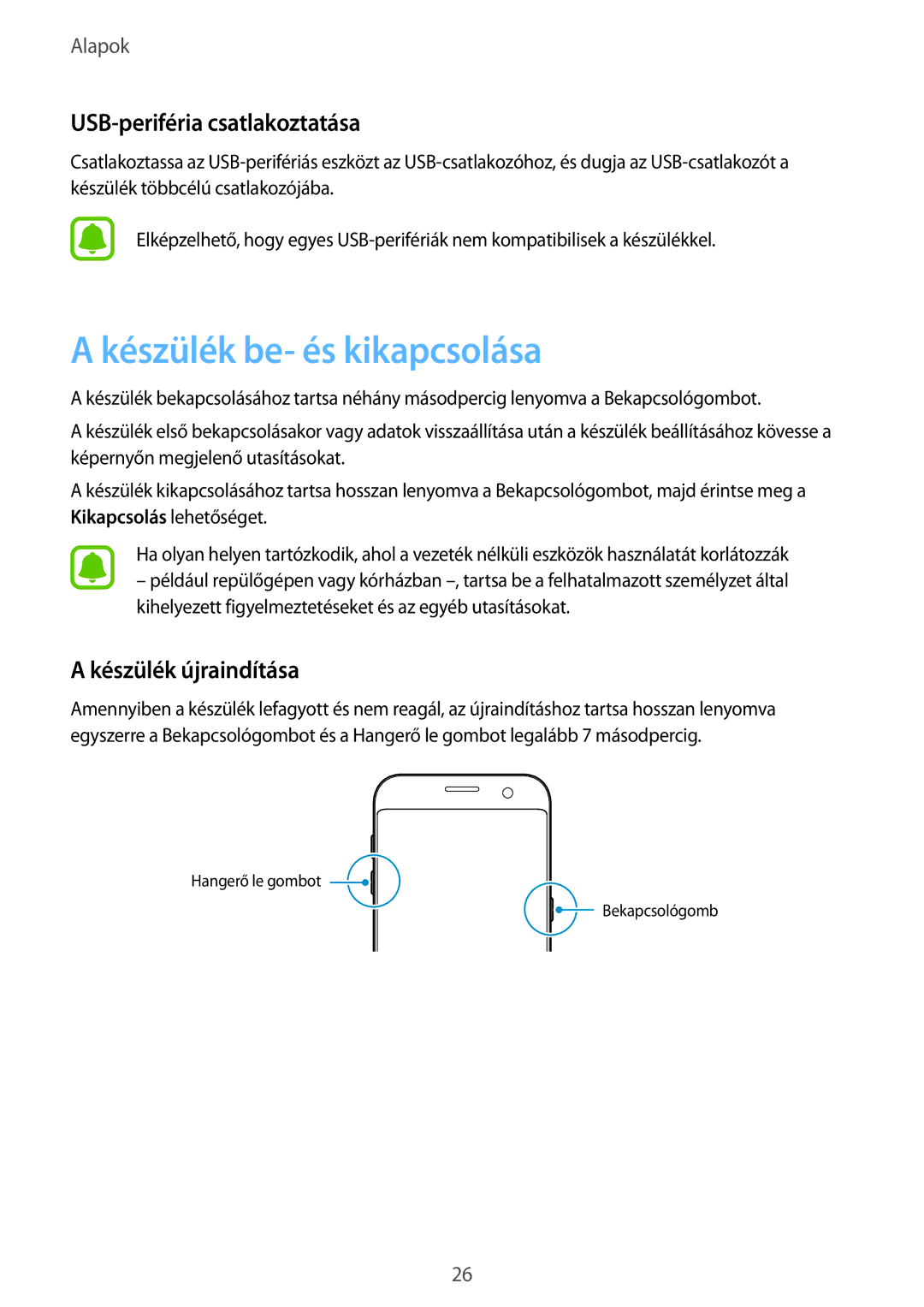 Samsung SM-G935FZDAXEH manual Készülék be- és kikapcsolása, USB-periféria csatlakoztatása, Készülék újraindítása 