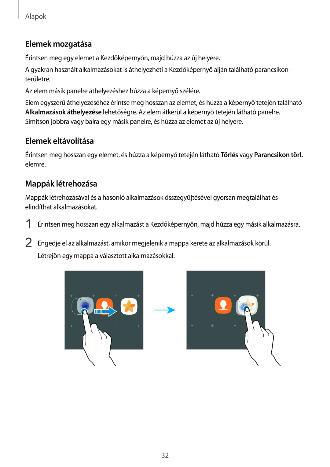 Samsung SM-G935FZDAXEH manual Elemek mozgatása, Elemek eltávolítása, Mappák létrehozása 