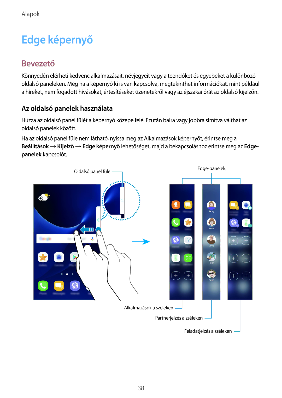 Samsung SM-G935FZDAXEH manual Edge képernyő, Bevezető, Az oldalsó panelek használata 