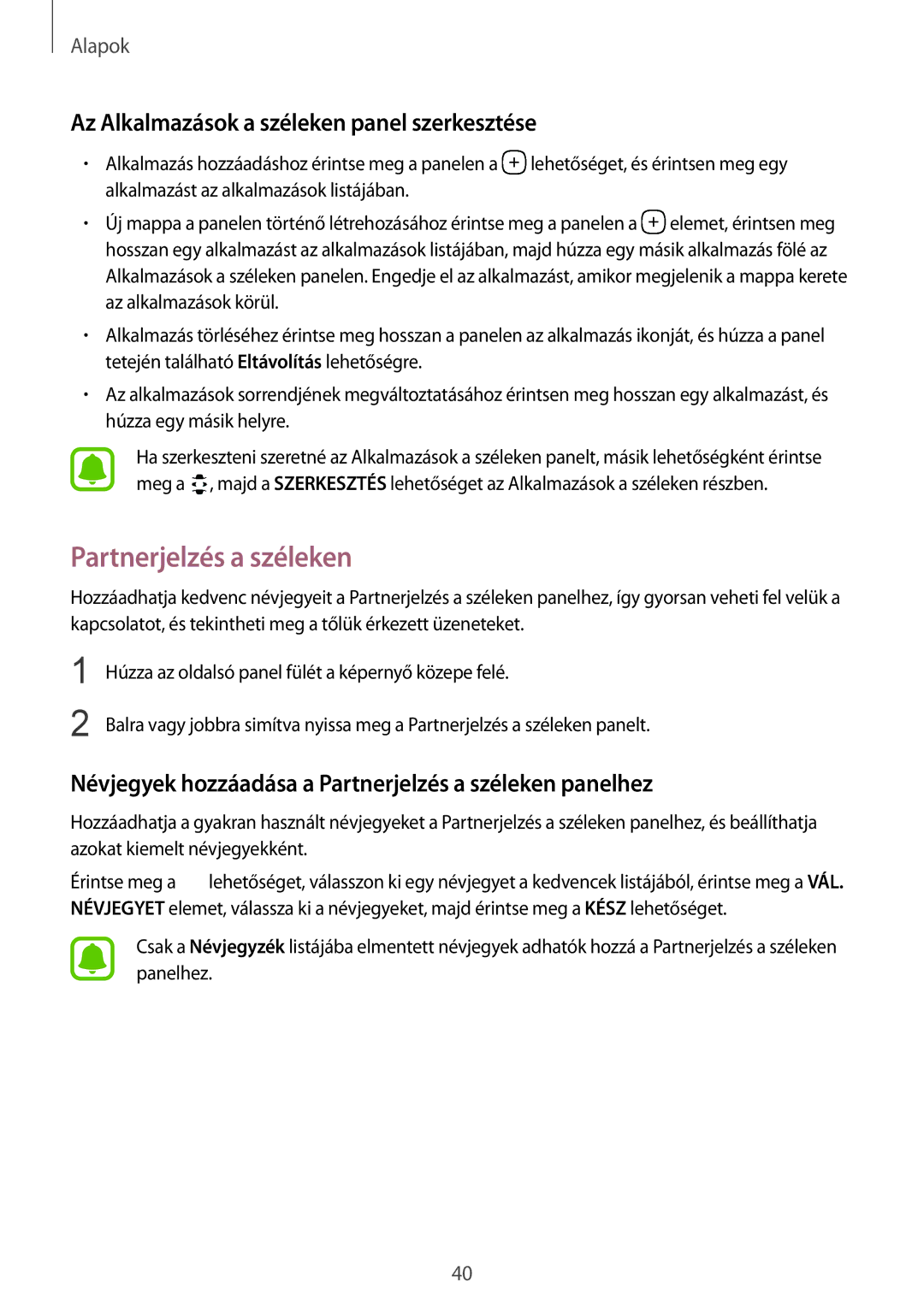 Samsung SM-G935FZDAXEH manual Partnerjelzés a széleken, Az Alkalmazások a széleken panel szerkesztése 