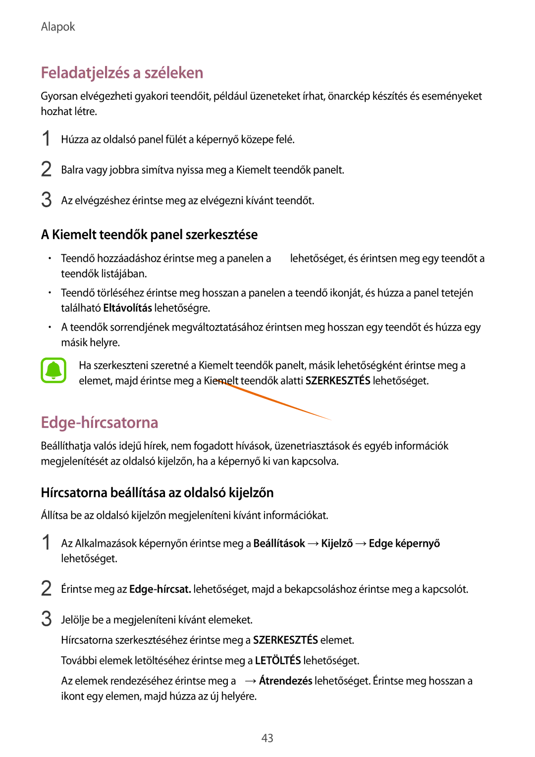 Samsung SM-G935FZDAXEH manual Feladatjelzés a széleken, Edge-hírcsatorna, Kiemelt teendők panel szerkesztése 