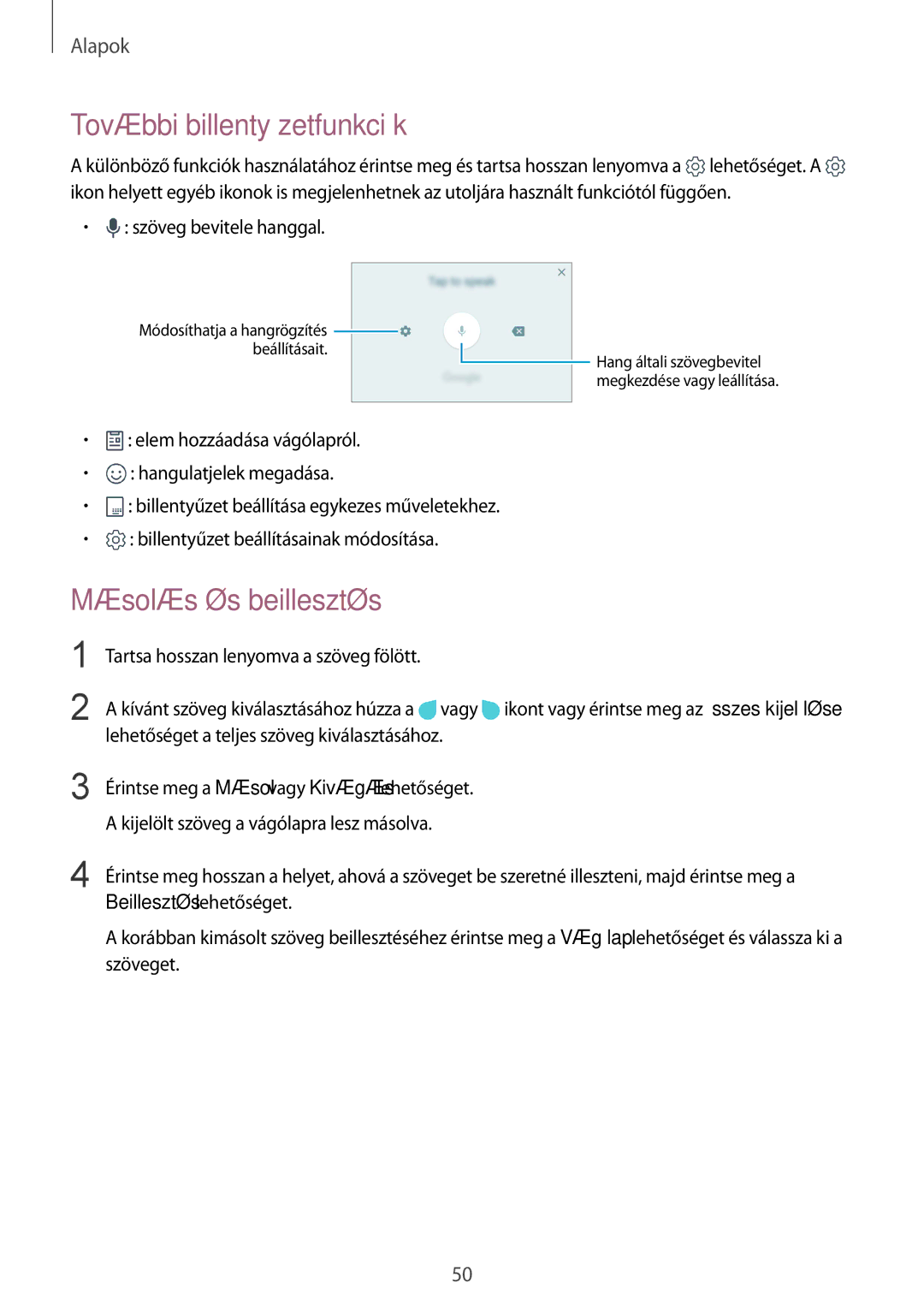 Samsung SM-G935FZDAXEH manual További billentyűzetfunkciók, Másolás és beillesztés 