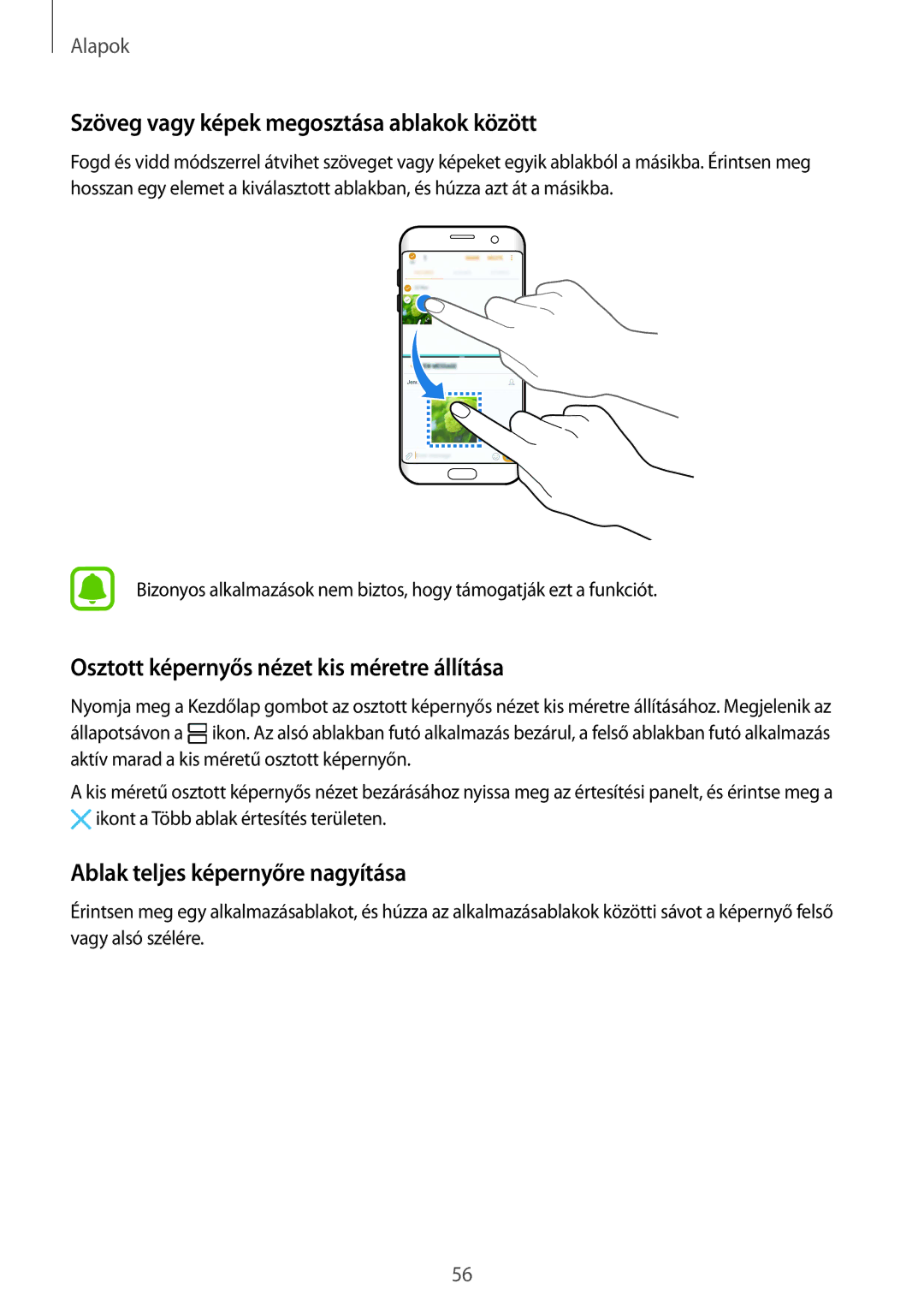 Samsung SM-G935FZDAXEH manual Szöveg vagy képek megosztása ablakok között, Osztott képernyős nézet kis méretre állítása 