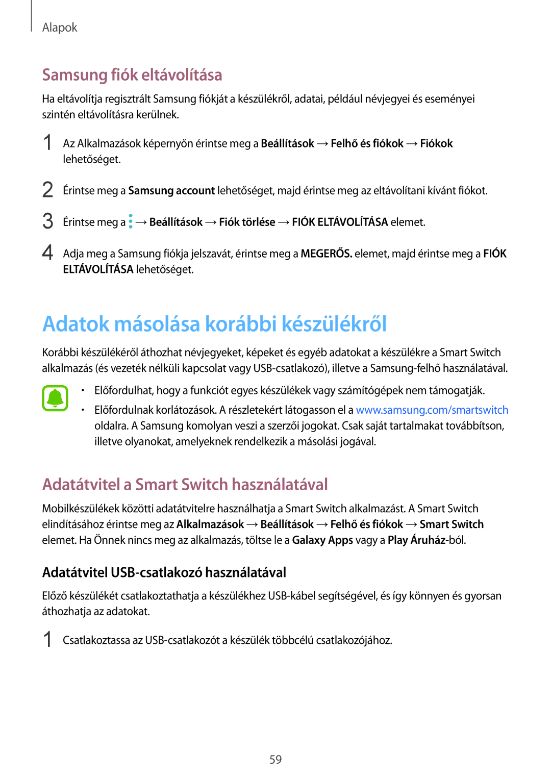 Samsung SM-G935FZDAXEH manual Adatok másolása korábbi készülékről, Samsung fiók eltávolítása 