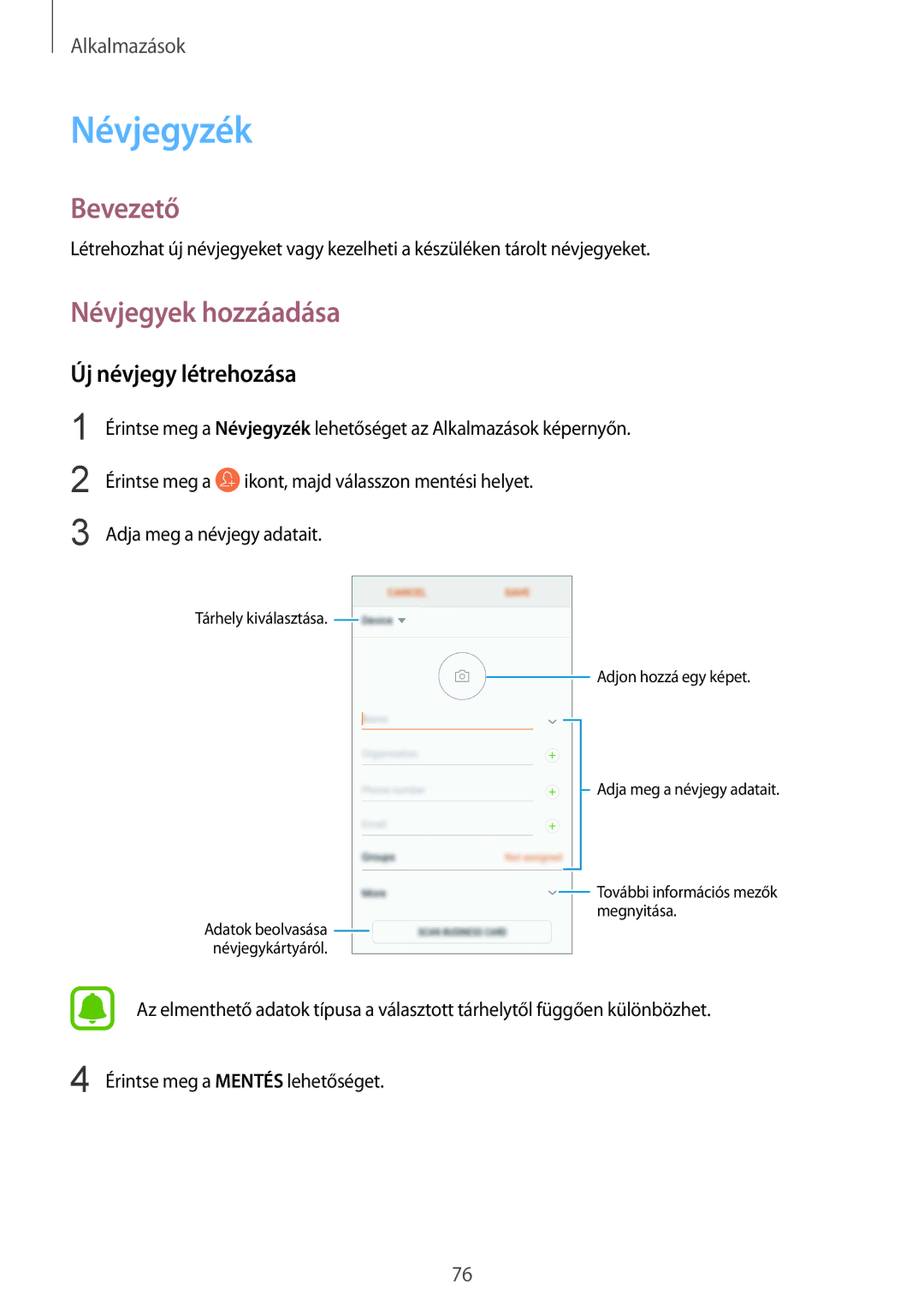 Samsung SM-G935FZDAXEH manual Névjegyzék, Névjegyek hozzáadása, Új névjegy létrehozása 