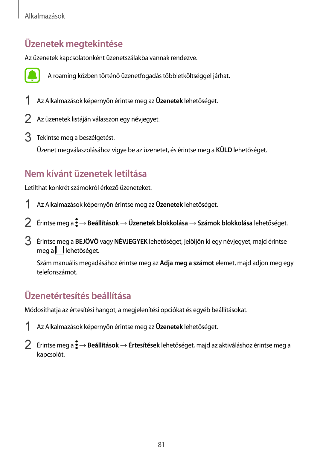 Samsung SM-G935FZDAXEH manual Üzenetek megtekintése, Nem kívánt üzenetek letiltása, Üzenetértesítés beállítása 