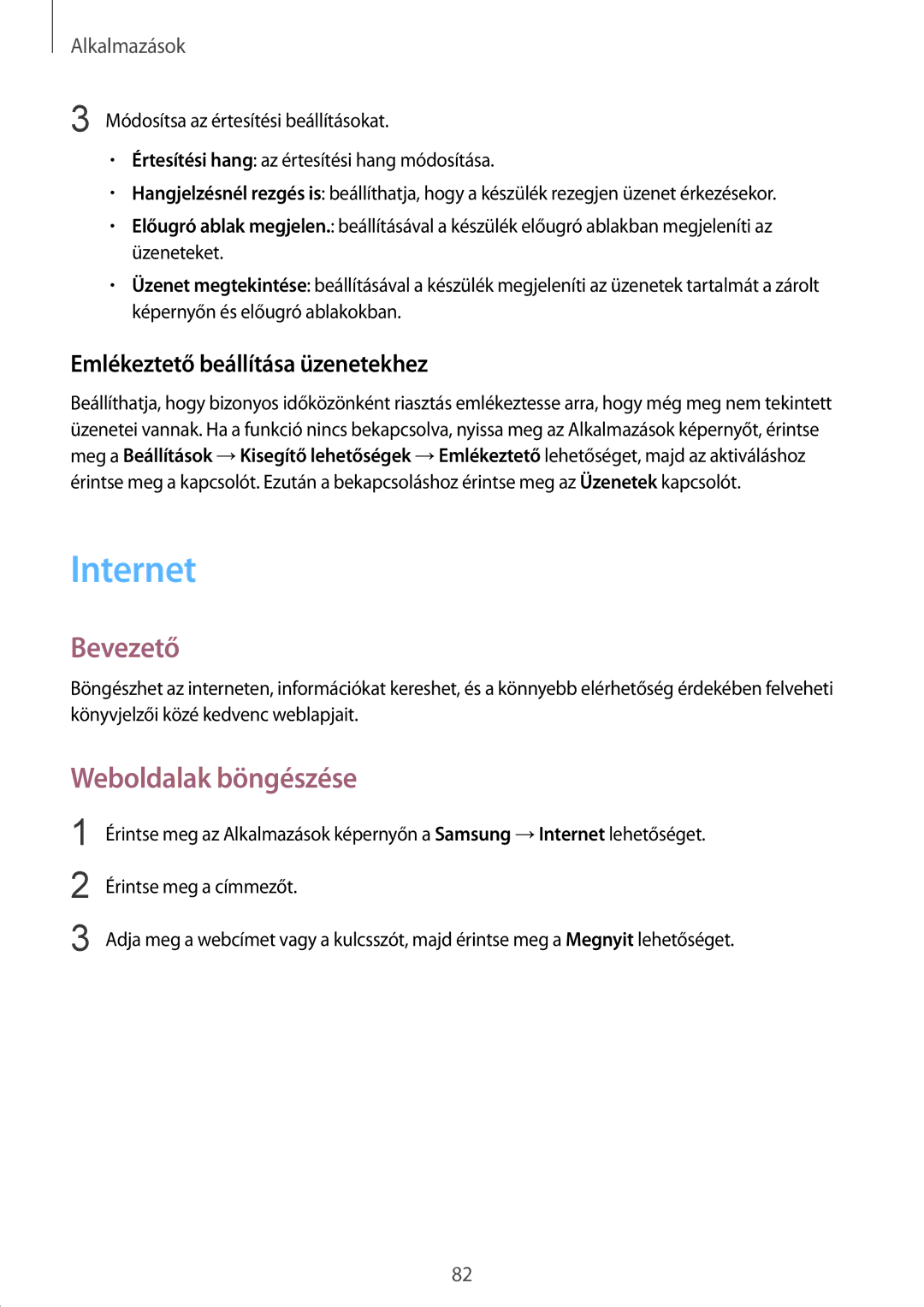 Samsung SM-G935FZDAXEH manual Internet, Weboldalak böngészése, Emlékeztető beállítása üzenetekhez 