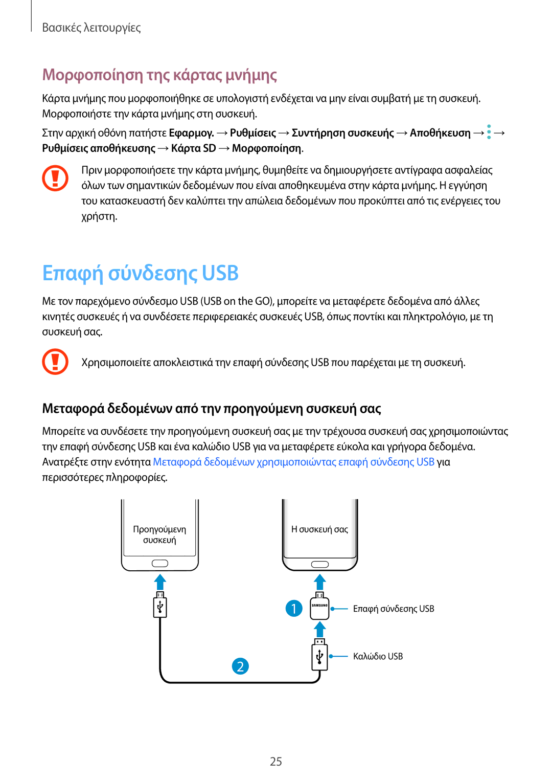 Samsung SM-G935FZKAEUR manual Επαφή σύνδεσης USB, Μορφοποίηση της κάρτας μνήμης 