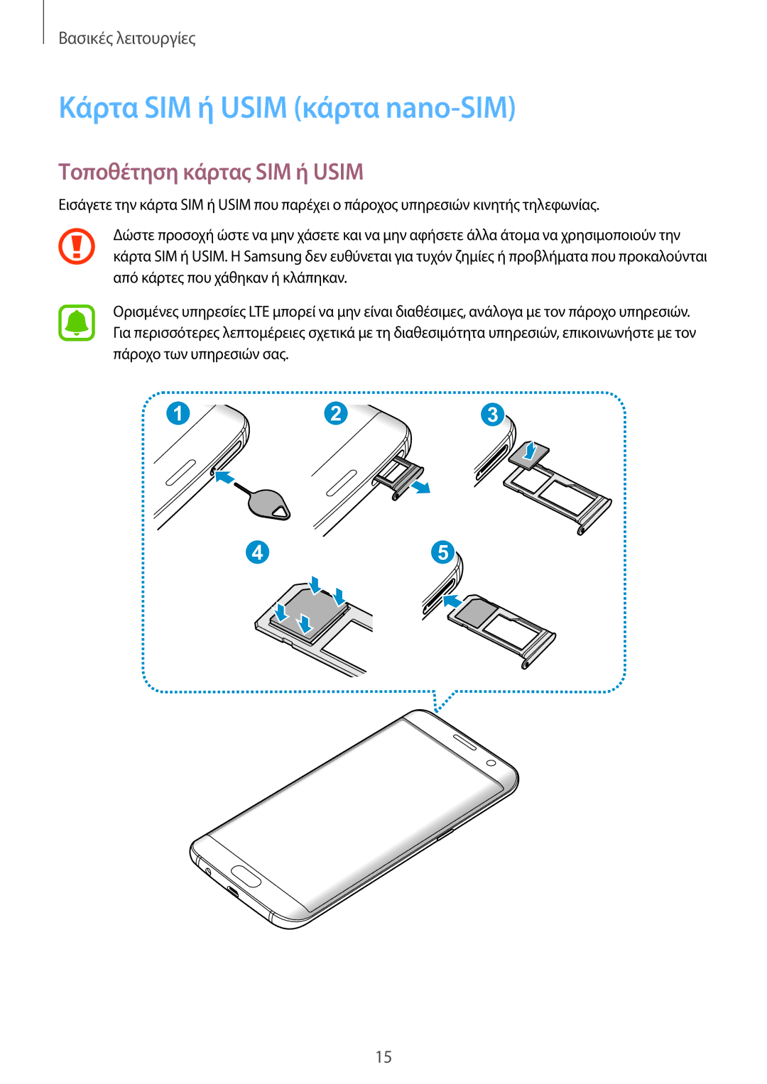 Samsung SM-G935FZKAEUR manual Κάρτα SIM ή Usim κάρτα nano-SIM, Τοποθέτηση κάρτας SIM ή Usim 