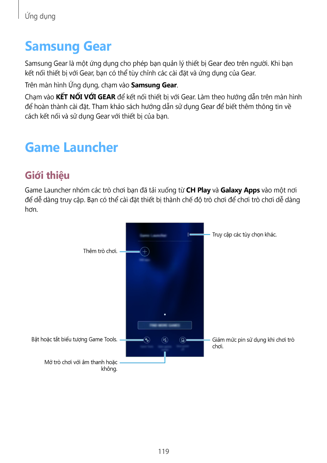 Samsung CG-G935FZKGVTC, SM-G935FZKWXEV, SM-G935FZBUXXV, SM-G935FZDUXXV manual Samsung Gear, Game Launcher, 119 