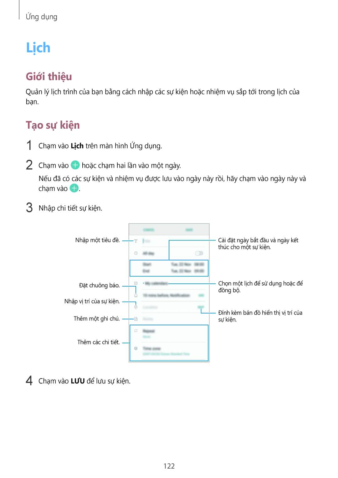 Samsung SM-G935FZDUXXV, SM-G935FZKWXEV, SM-G935FZBUXXV, CG-G935FZKGVTC manual Lịch, Tạo sự kiện, 122 