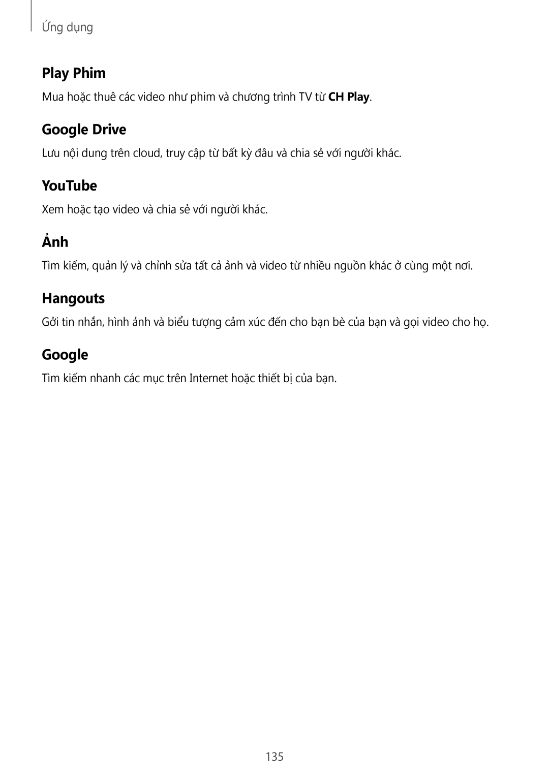 Samsung CG-G935FZKGVTC, SM-G935FZKWXEV, SM-G935FZBUXXV, SM-G935FZDUXXV manual Play Phim, Google Drive, YouTube, Ảnh, Hangouts 