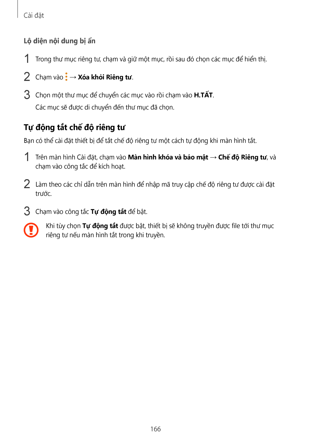 Samsung SM-G935FZDUXXV manual Tự động tắt chế độ riêng tư, Lộ diện nội dung bị ẩn, 166, Chạm vào → Xóa khỏi Riêng tư 