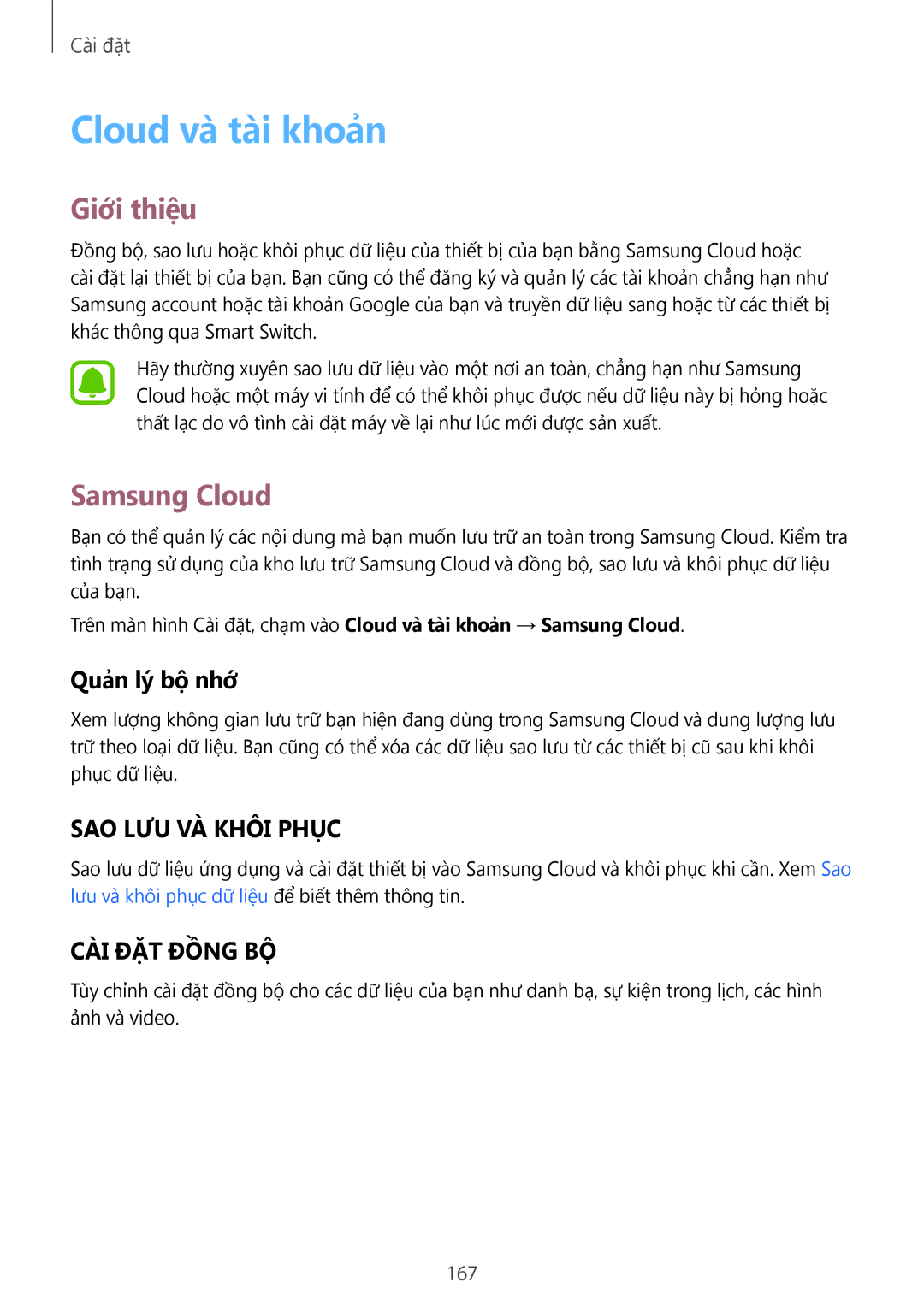 Samsung CG-G935FZKGVTC, SM-G935FZKWXEV, SM-G935FZBUXXV manual Cloud và tài khoản, Samsung Cloud, Quan ly bô nhơ, 167 