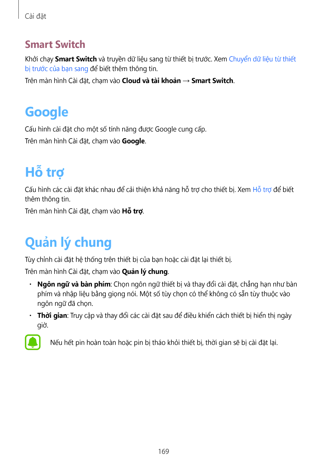 Samsung SM-G935FZBUXXV, SM-G935FZKWXEV, SM-G935FZDUXXV, CG-G935FZKGVTC manual Google, Hỗ trợ, Quản lý chung, Smart Switch, 169 