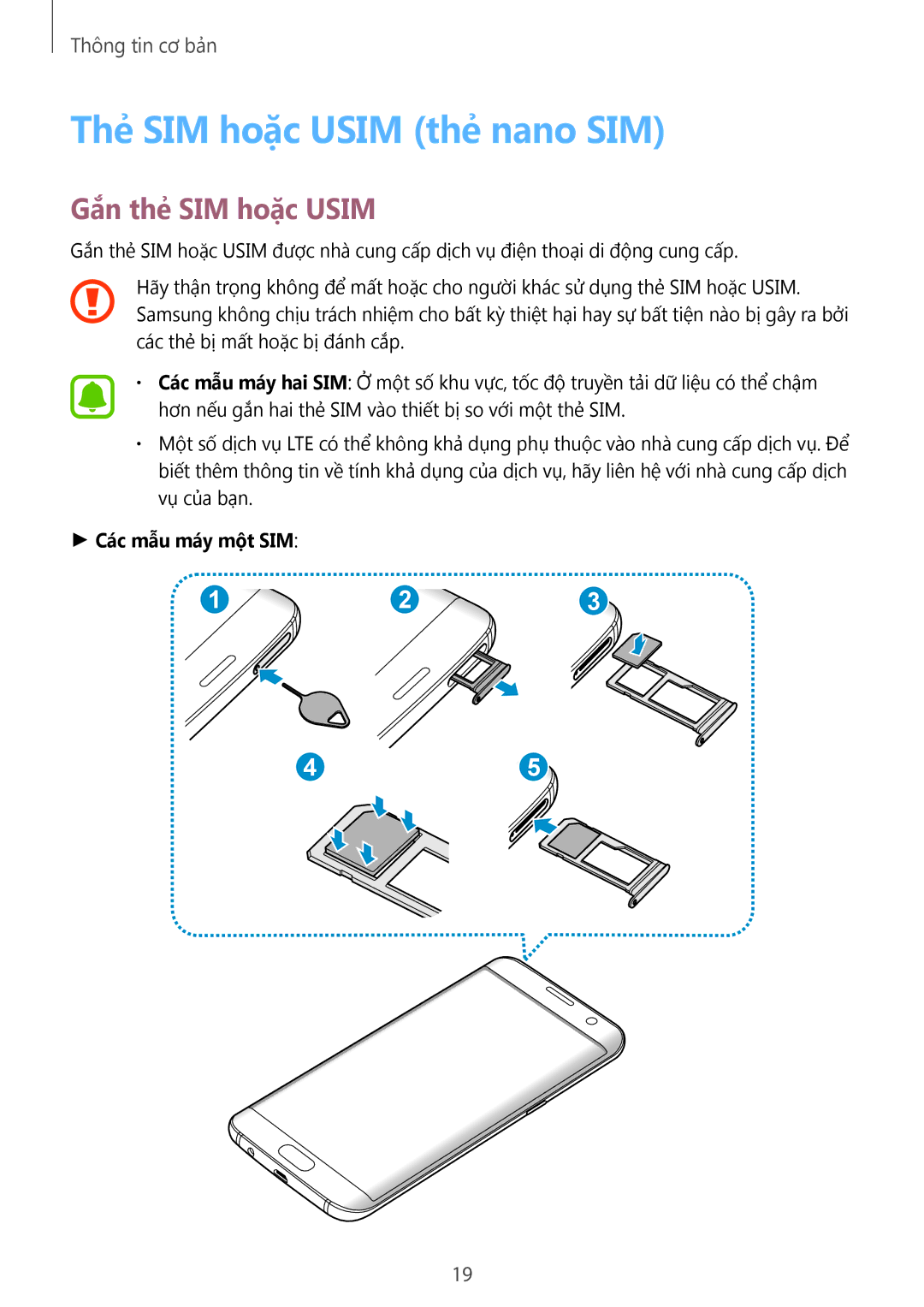 Samsung CG-G935FZKGVTC, SM-G935FZKWXEV manual Thẻ SIM hoặc Usim thẻ nano SIM, Gắn thẻ SIM hoặc Usim, Các mẫu máy một SIM 