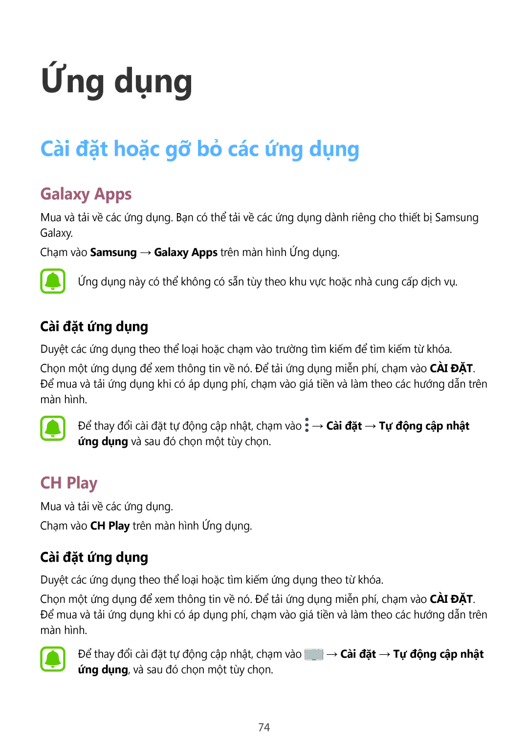 Samsung SM-G935FZDUXXV, SM-G935FZKWXEV manual Cài đặt hoặc gỡ bỏ các ứng dụng, Galaxy Apps, CH Play, Cài đặt ứng dụng 