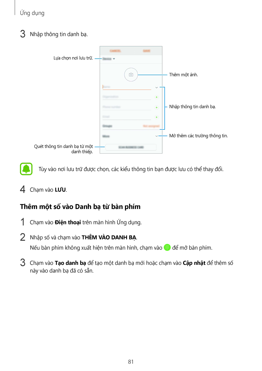 Samsung SM-G935FZBUXXV, SM-G935FZKWXEV, SM-G935FZDUXXV manual Thêm một số vào Danh bạ từ bàn phím, Nhập thông tin danh bạ 