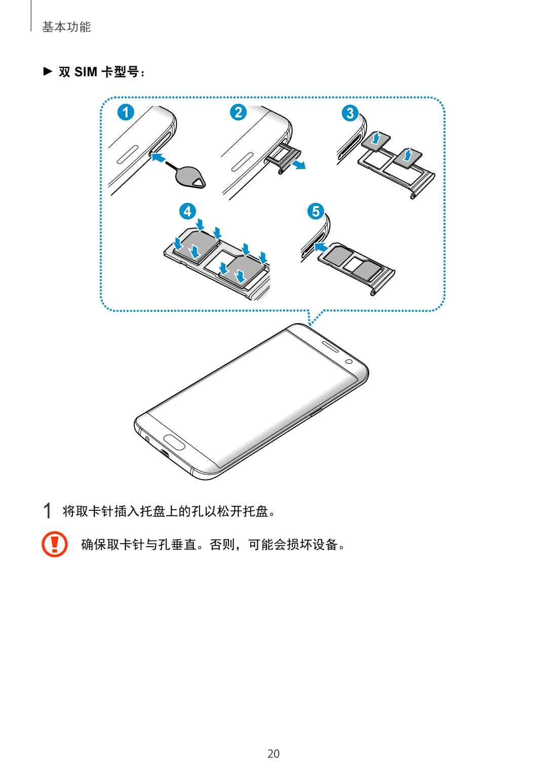 Samsung SM-G935FZKWXEV, SM-G935FZBUXXV, SM-G935FZDUXXV, CG-G935FZKGVTC manual Sim 卡型号： 将取卡针插入托盘上的孔以松开托盘。 确保取卡针与孔垂直。否则，可能会损坏设备。 