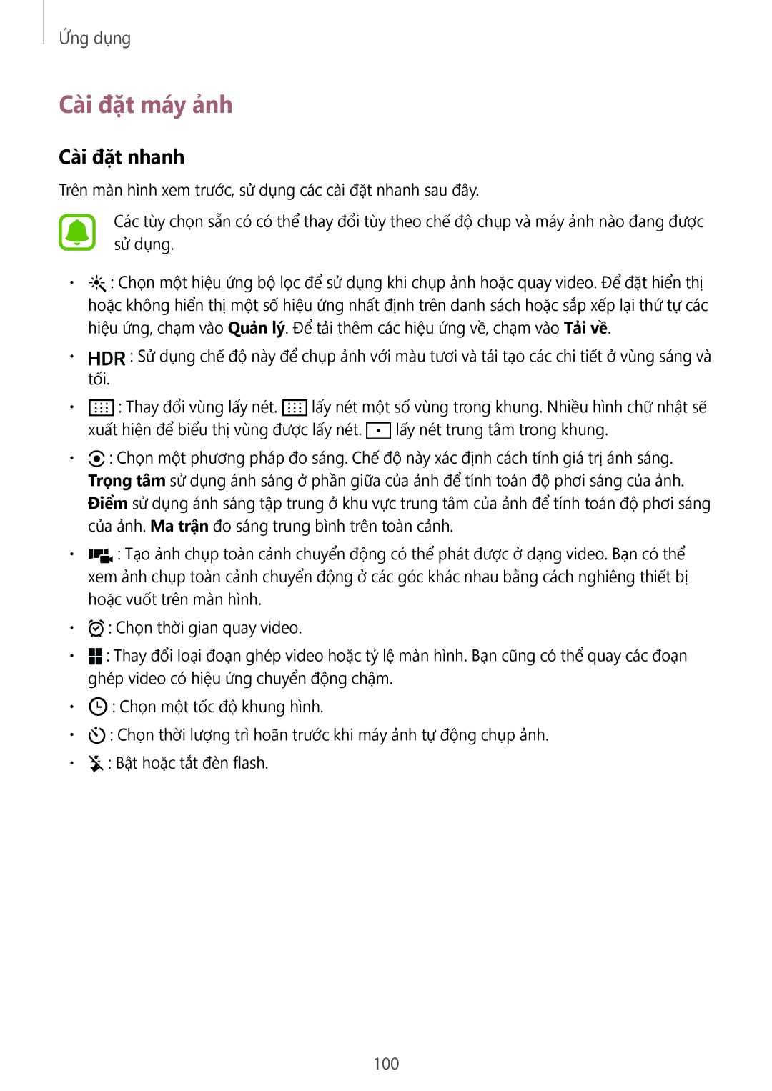 Samsung SM-G935FZKWXEV, SM-G935FZBUXXV, SM-G935FZDUXXV, CG-G935FZKGVTC manual Cà̀i đặt máy ảnh, Cà̀i đặt nhanh, 100 