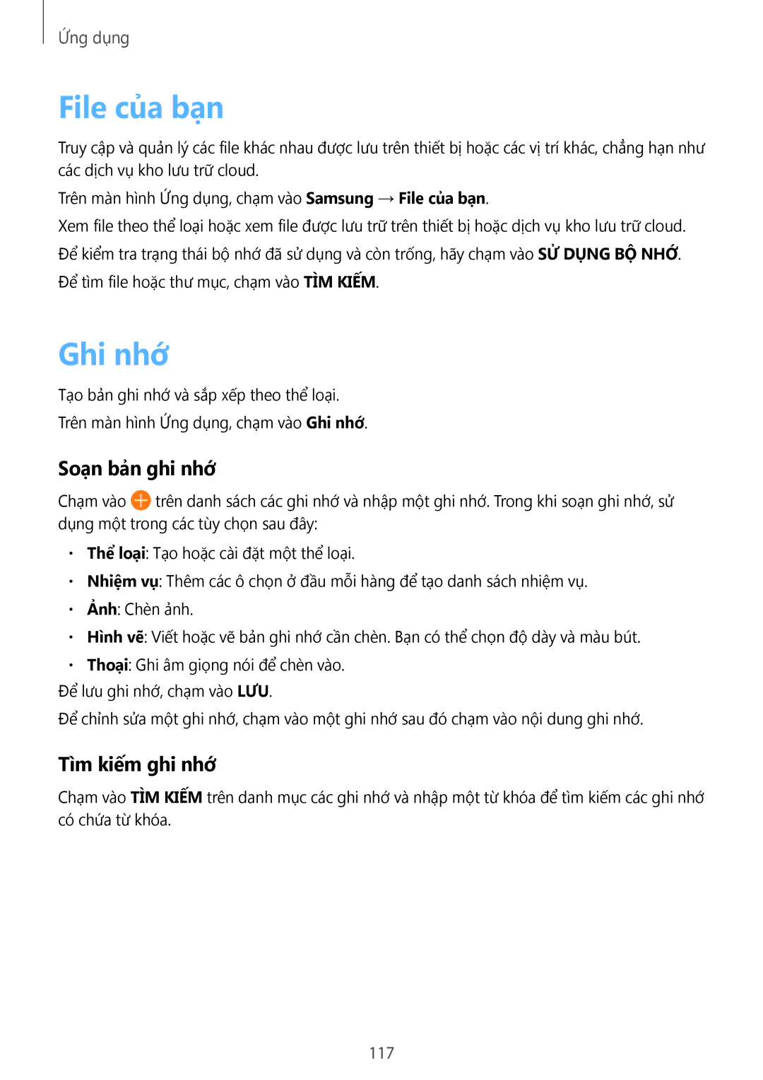 Samsung SM-G935FZBUXXV, SM-G935FZKWXEV, SM-G935FZDUXXV manual File của bạn, Ghi nhớ, Soạn bản ghi nhớ, Tìm kiếm ghi nhớ, 117 