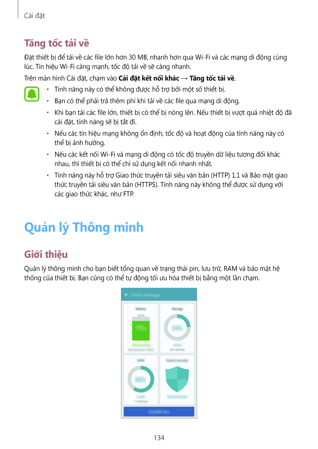 Samsung SM-G935FZDUXXV, SM-G935FZKWXEV, SM-G935FZBUXXV, CG-G935FZKGVTC manual Quản lý Thông minh, Tăng tốc tải về, 134 