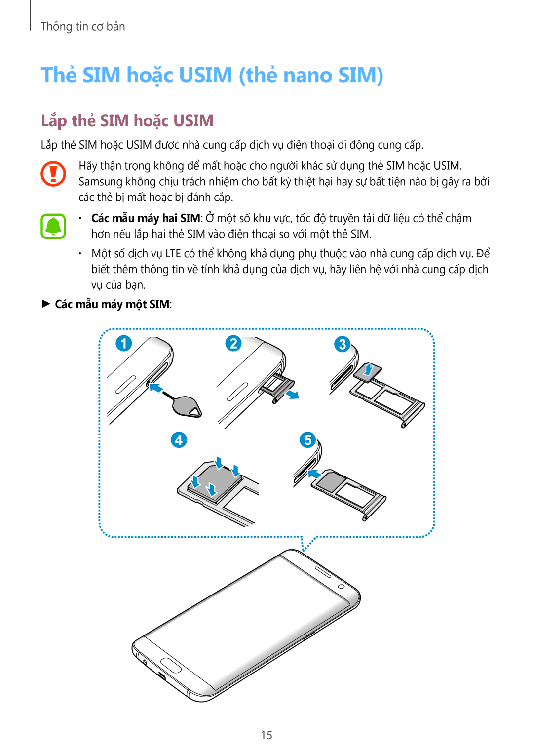 Samsung CG-G935FZKGVTC, SM-G935FZKWXEV manual Thẻ SIM hoặc Usim thẻ nano SIM, Lắp thẻ SIM hoặc Usim, Các mẫu máy một SIM 