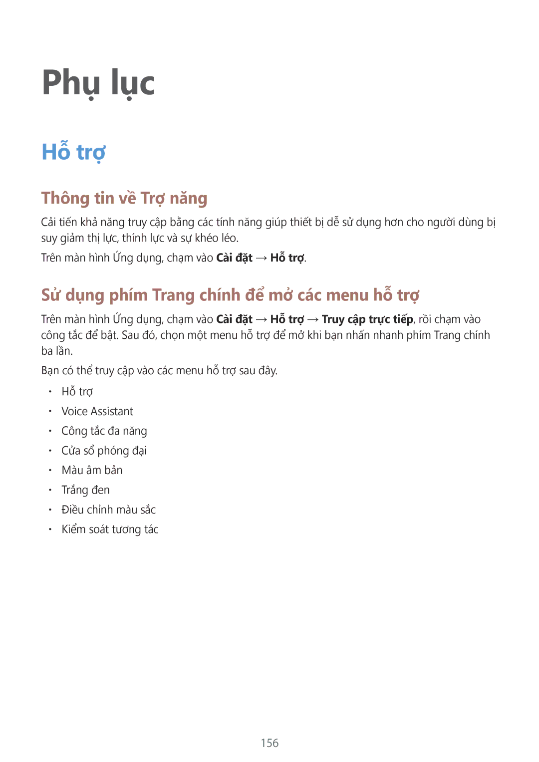 Samsung SM-G935FZKWXEV, SM-G935FZBUXXV manual Thông tin về Trợ năng, Sử dụng phím Trang chính để mở các menu hỗ trợ, 156 