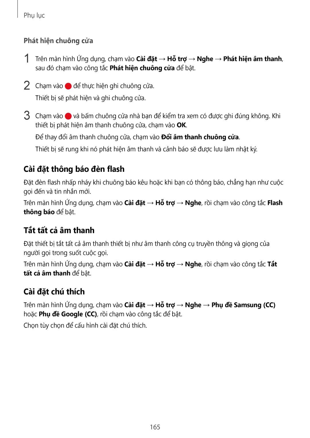 Samsung SM-G935FZBUXXV, SM-G935FZKWXEV manual Cà̀i đặt thông báo đèn flash, Tắt tất cả âm thanh, Cà̀i đặt chú thích, 165 