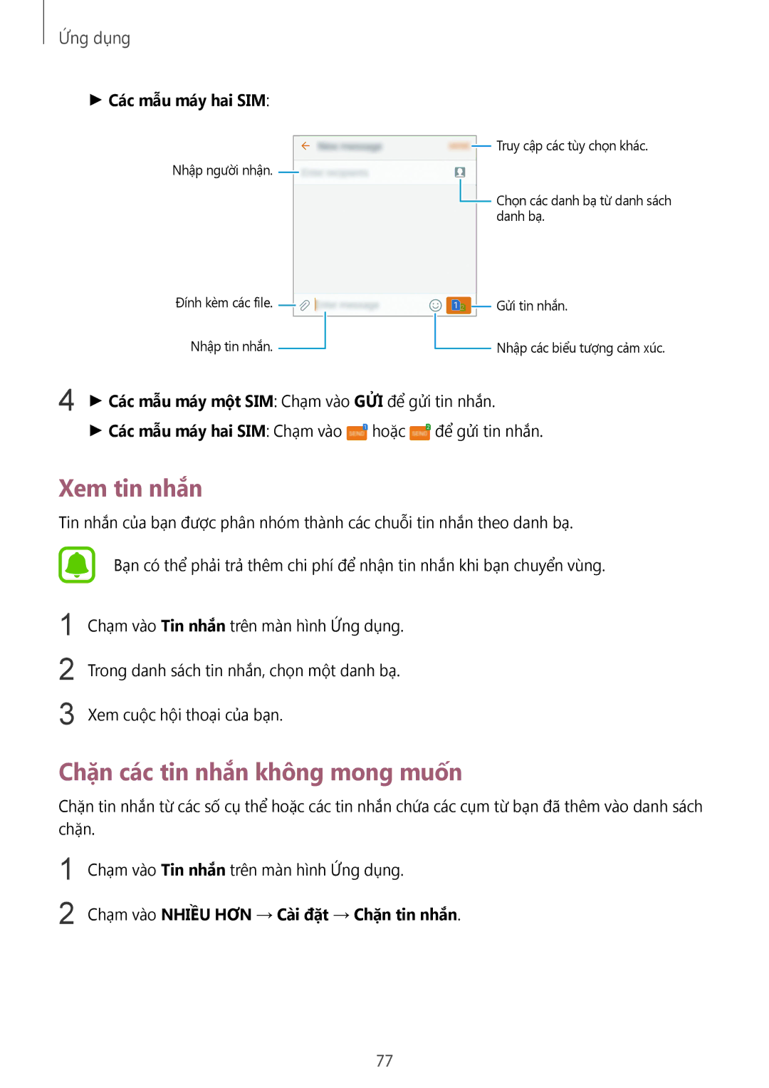 Samsung SM-G935FZBUXXV manual Xem tin nhắn, Chặn các tin nhắn không mong muốn, Chạm vào Tin nhắn trên màn hình Ứng dụng 