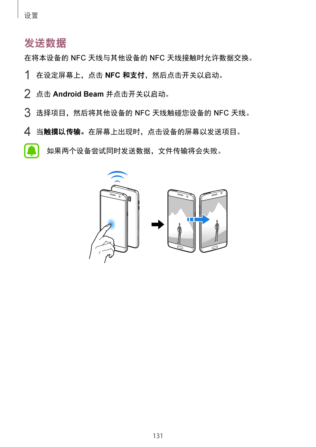 Samsung CG-G935FZKGVTC, SM-G935FZKWXEV, SM-G935FZBUXXV, SM-G935FZDUXXV manual 发送数据, 点击 Android Beam 并点击开关以启动。 