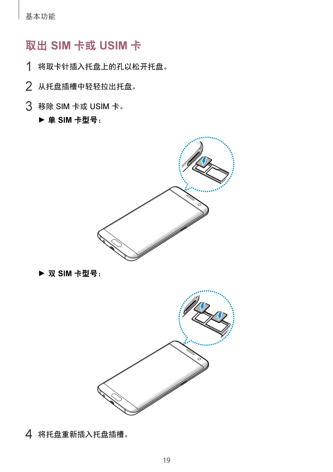 Samsung CG-G935FZKGVTC, SM-G935FZKWXEV, SM-G935FZBUXXV manual 将取卡针插入托盘上的孔以松开托盘。 从托盘插槽中轻轻拉出托盘。, Sim 卡型号： 将托盘重新插入托盘插槽。 