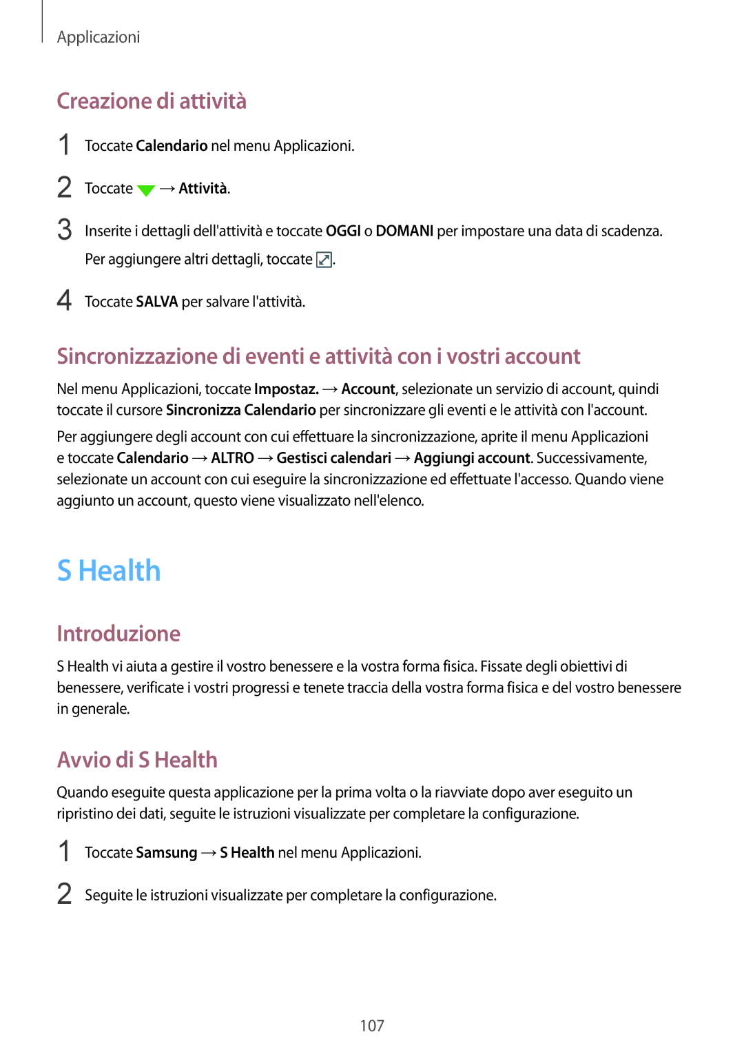 Samsung SM-G935FZDAITV manual Health, Creazione di attività, Sincronizzazione di eventi e attività con i vostri account 