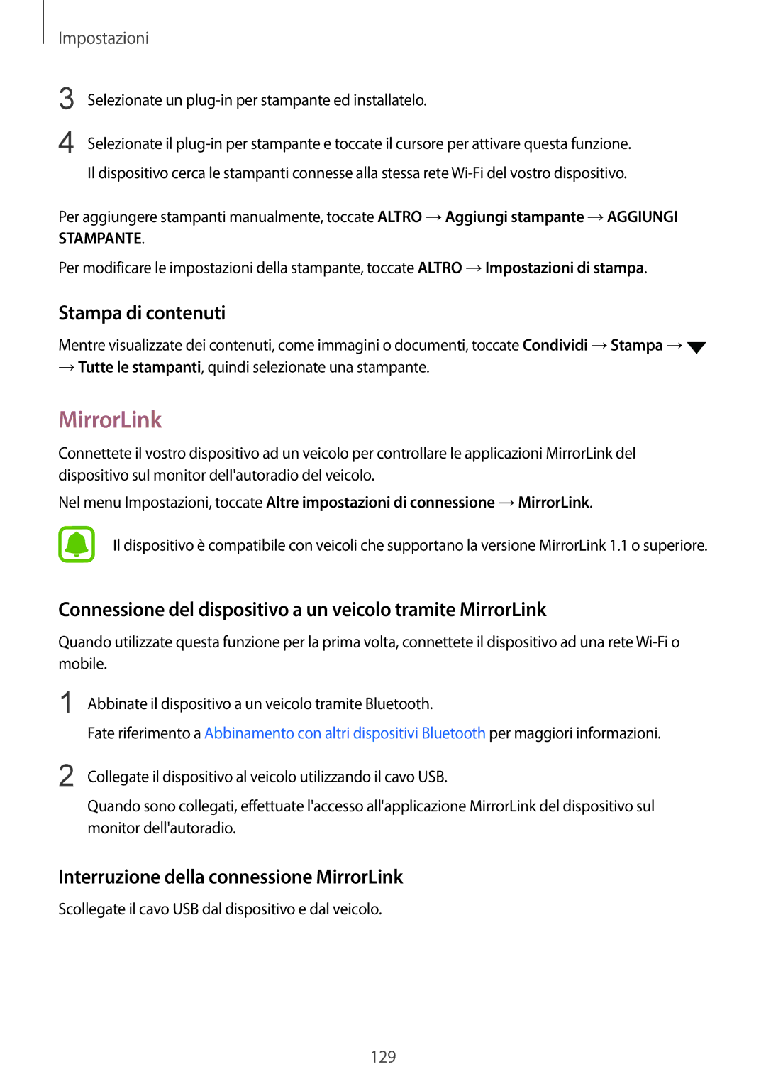 Samsung SM-G935FZKAITV manual Stampa di contenuti, Connessione del dispositivo a un veicolo tramite MirrorLink 