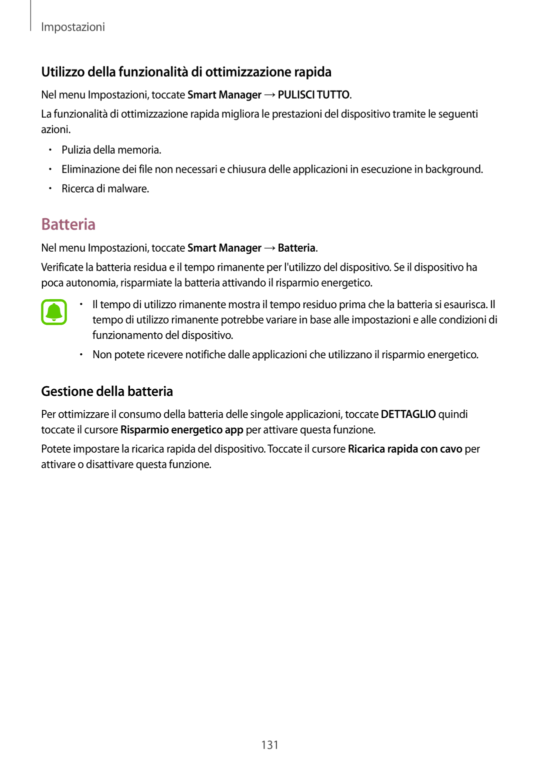 Samsung SM-G935FZDAITV manual Batteria, Utilizzo della funzionalità di ottimizzazione rapida, Gestione della batteria 