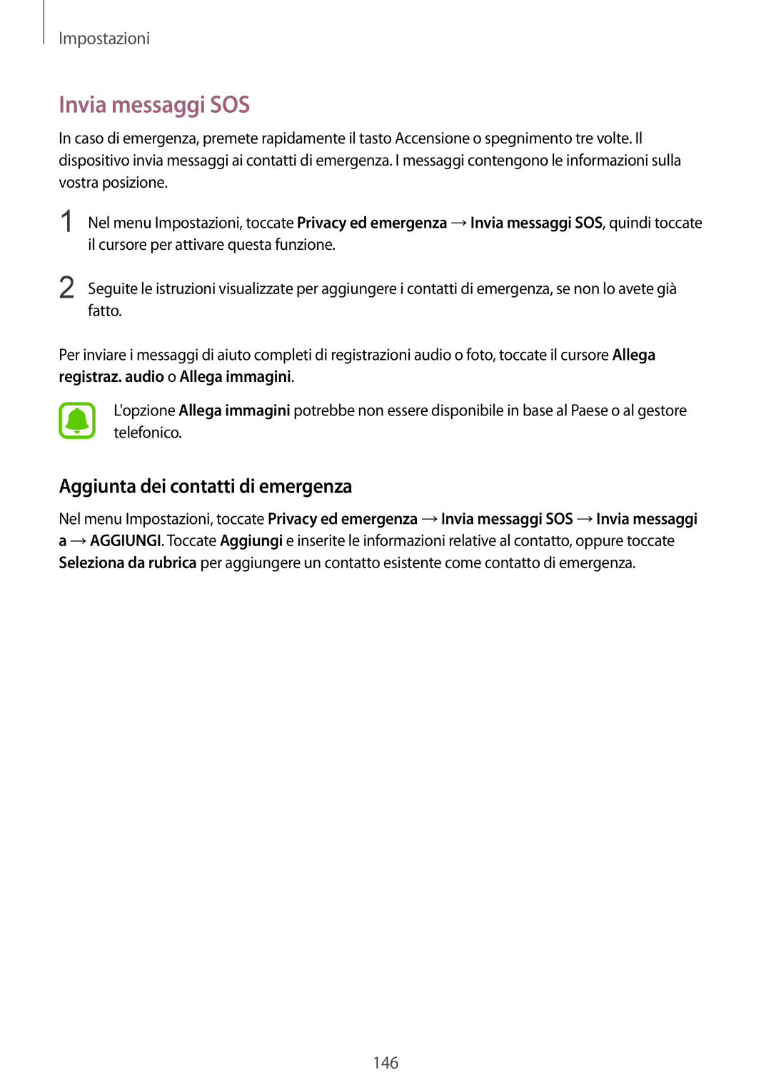 Samsung SM-G935FEDAITV, SM-G935FZSAITV, SM-G935FZBAITV manual Invia messaggi SOS, Aggiunta dei contatti di emergenza 