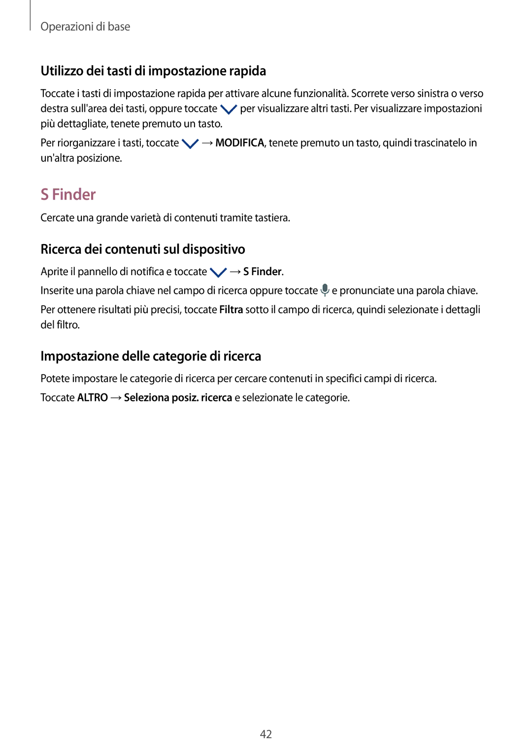 Samsung SM-G935FZSAITV manual Finder, Utilizzo dei tasti di impostazione rapida, Ricerca dei contenuti sul dispositivo 