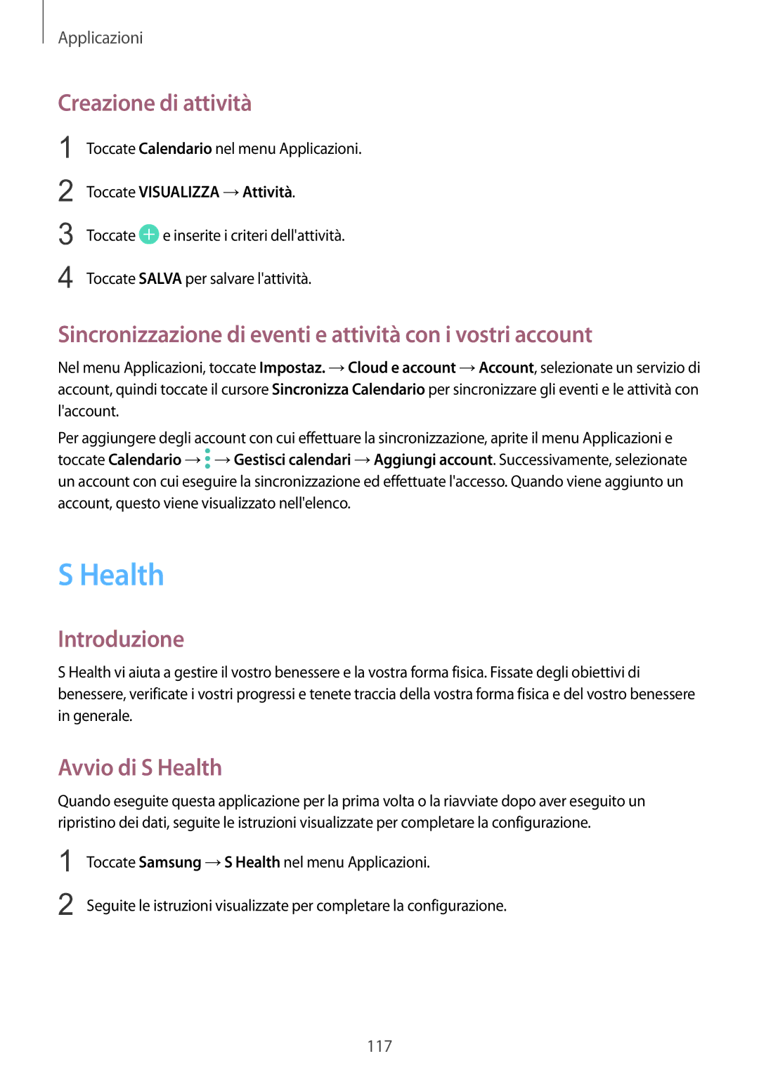 Samsung SM-G935FZKAITV manual Health, Creazione di attività, Sincronizzazione di eventi e attività con i vostri account 