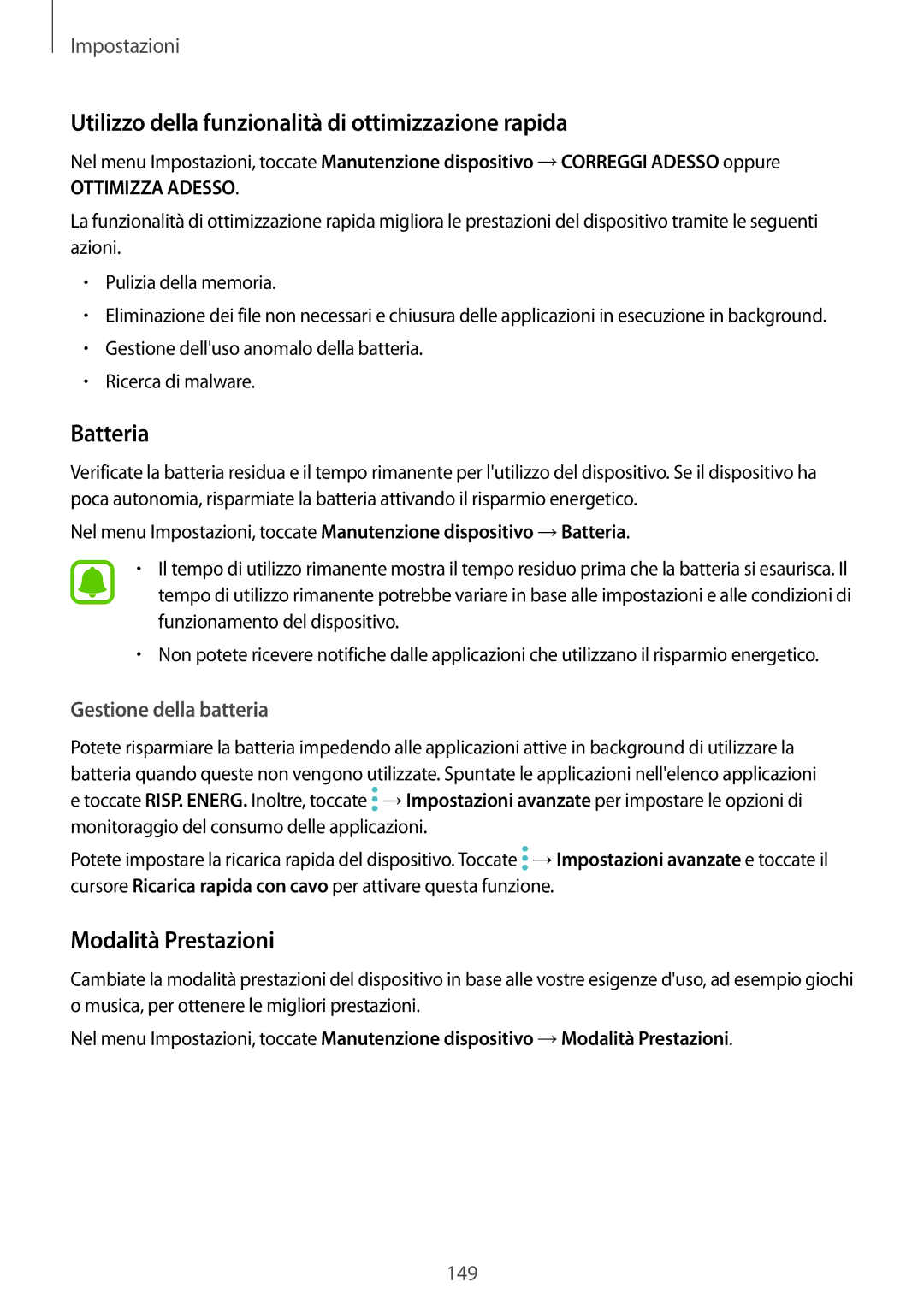 Samsung SM-G935FZDAITV manual Utilizzo della funzionalità di ottimizzazione rapida, Batteria, Modalità Prestazioni 