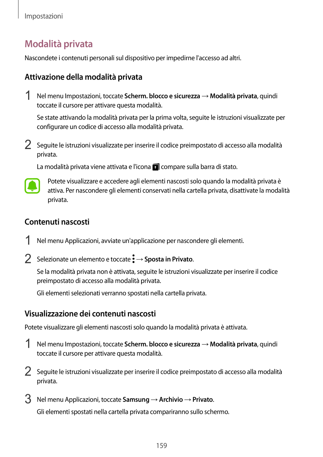 Samsung SM-G935FZKAITV, SM-G935FZSAITV manual Modalità privata, Attivazione della modalità privata, Contenuti nascosti 