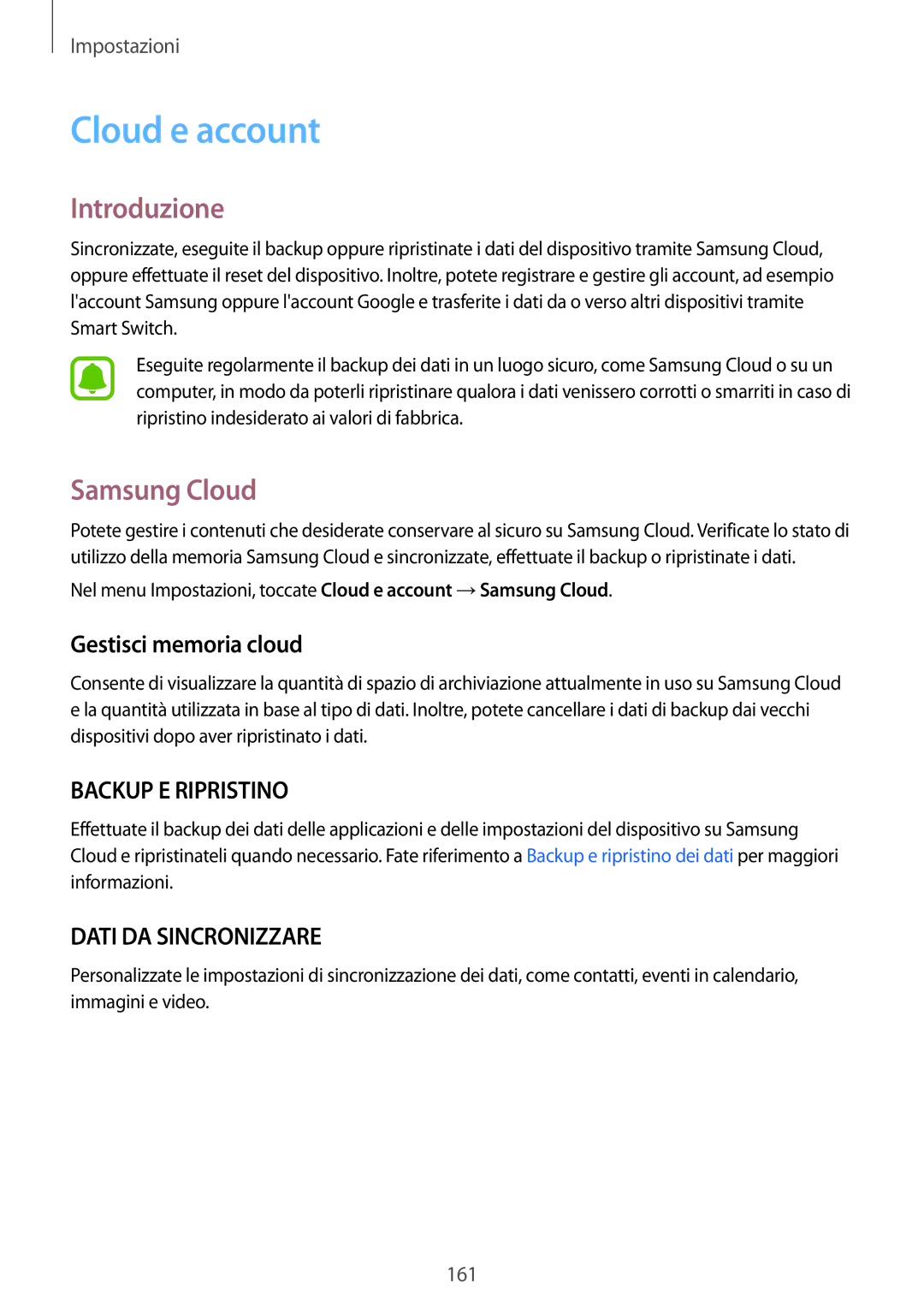 Samsung SM-G935FZDAITV, SM-G935FZSAITV, SM-G935FZBAITV manual Cloud e account, Samsung Cloud, Gestisci memoria cloud 