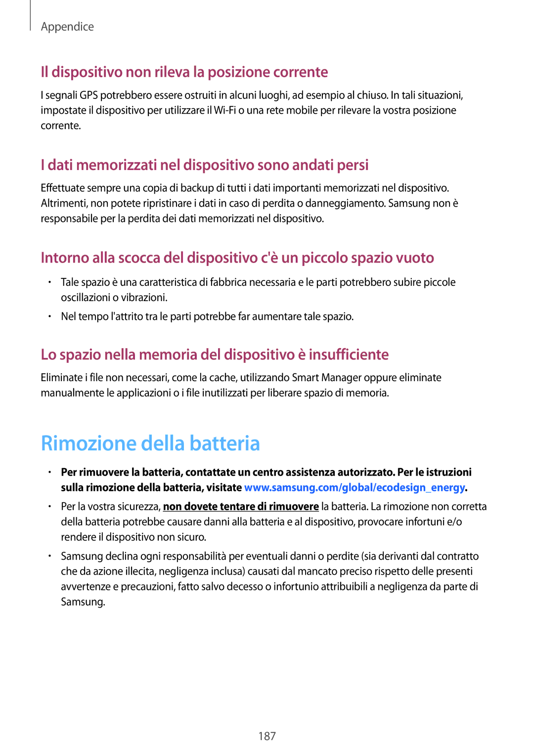 Samsung SM-G935FZBAITV, SM-G935FZSAITV manual Rimozione della batteria, Il dispositivo non rileva la posizione corrente 