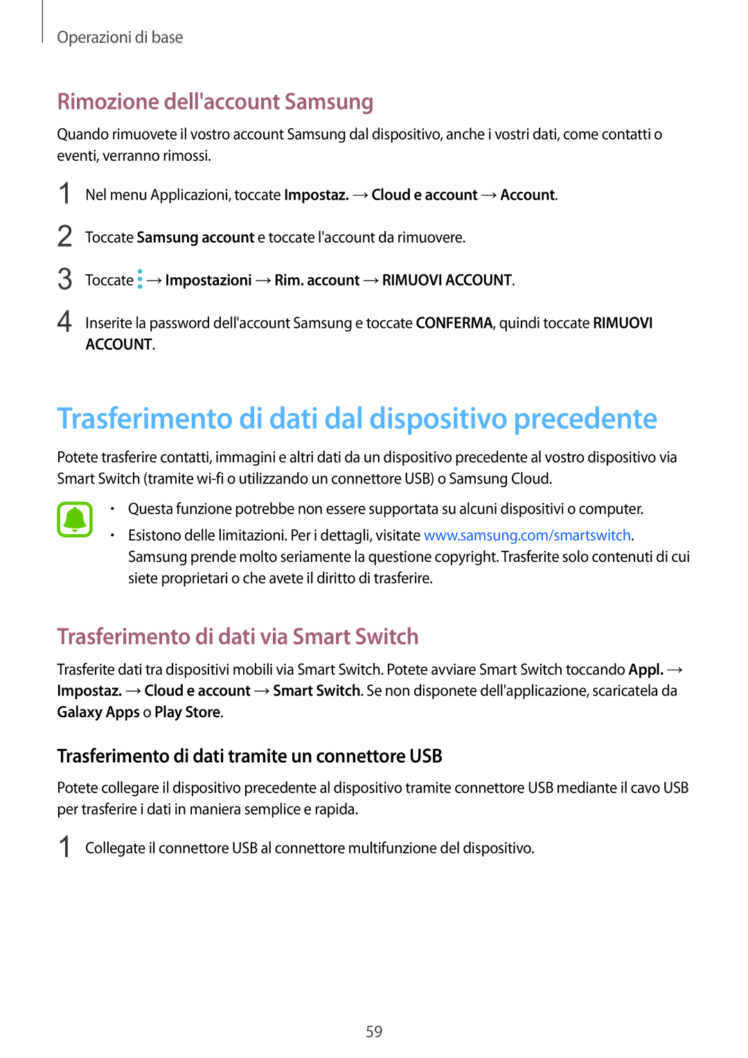 Samsung SM-G935FZDAITV, SM-G935FZSAITV manual Rimozione dellaccount Samsung, Trasferimento di dati via Smart Switch 